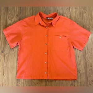 Leslie Fay 14 Orange Cotton Large Top Vintage Button Down Casual Collar Shirt